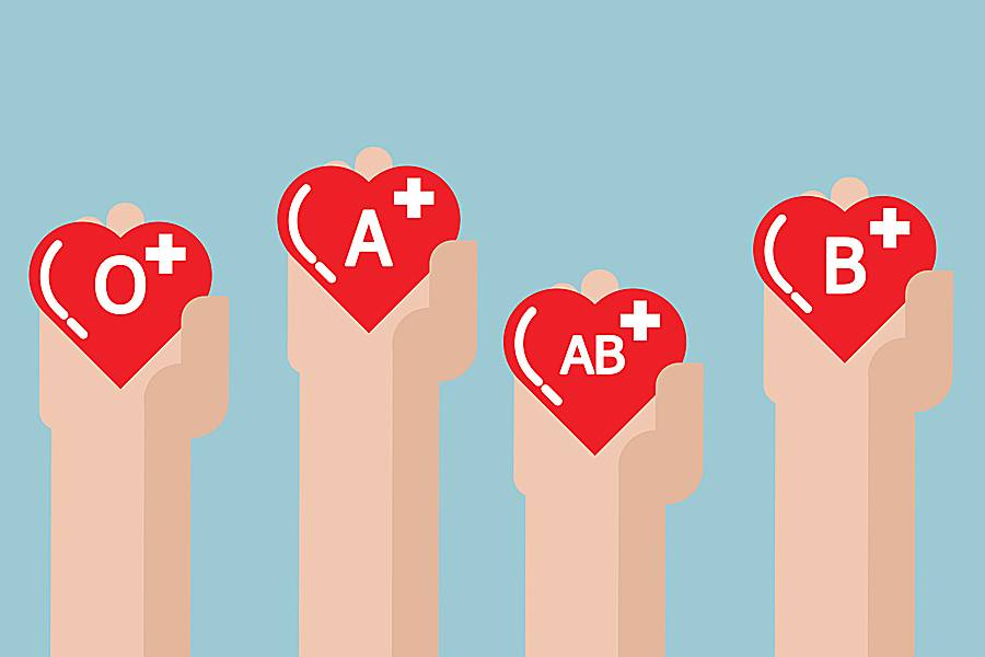 Hands holding heart symbols labeled with different blood types