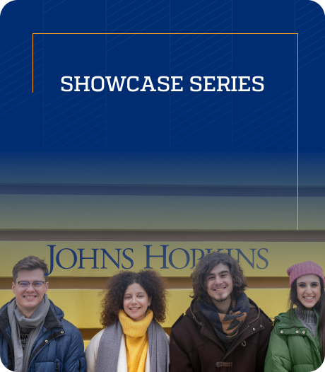 A banner for JHU Showcase Series featuring discussions with government and community leaders