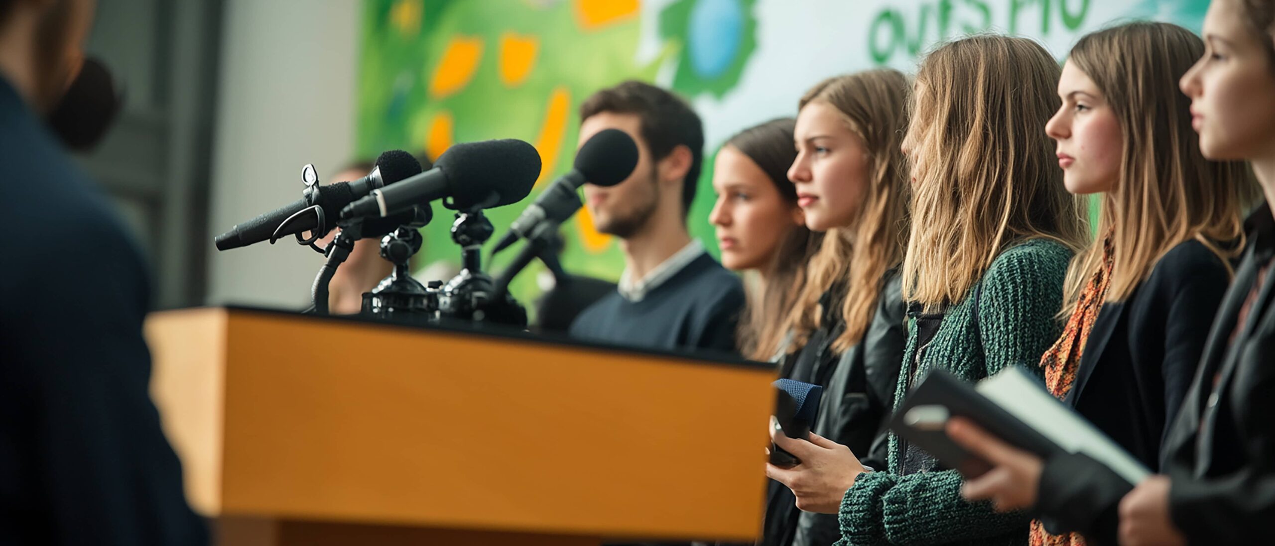 Panel of speakers lined up behind a podium with microphones