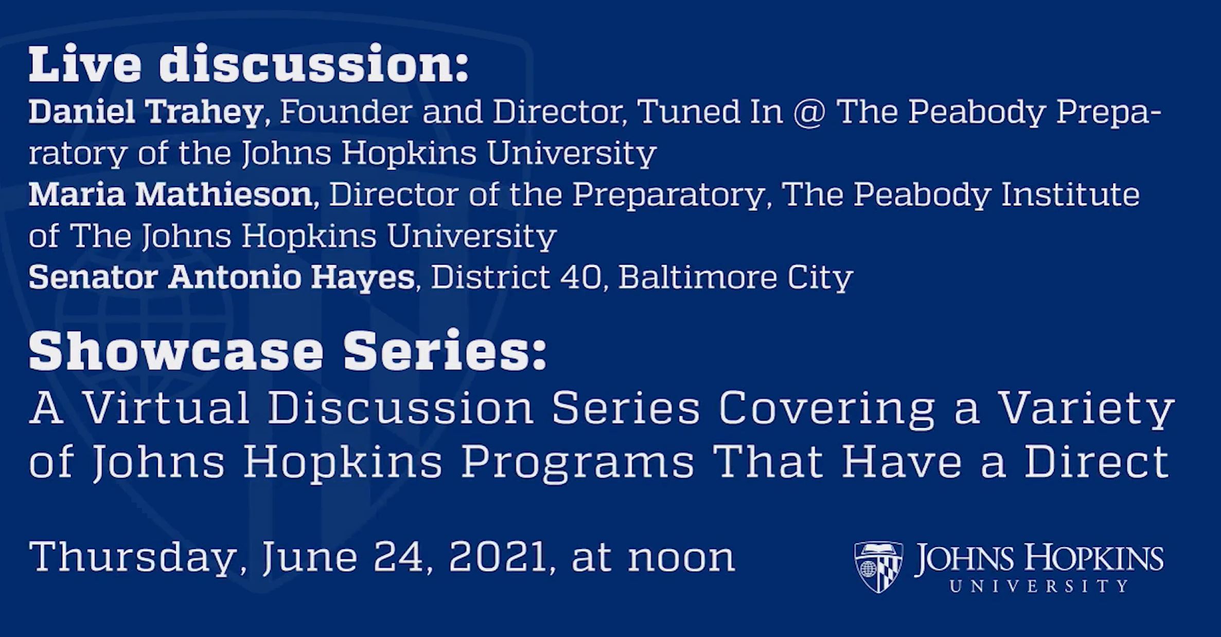 Text announcement for a virtual discussion series featuring speakers from Johns Hopkins University and Baltimore City.