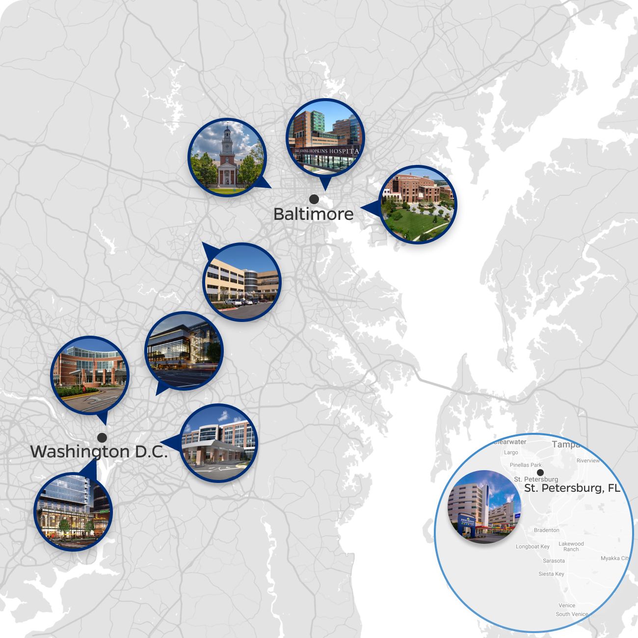 Map showing Johns Hopkins University campuses and medical facilities